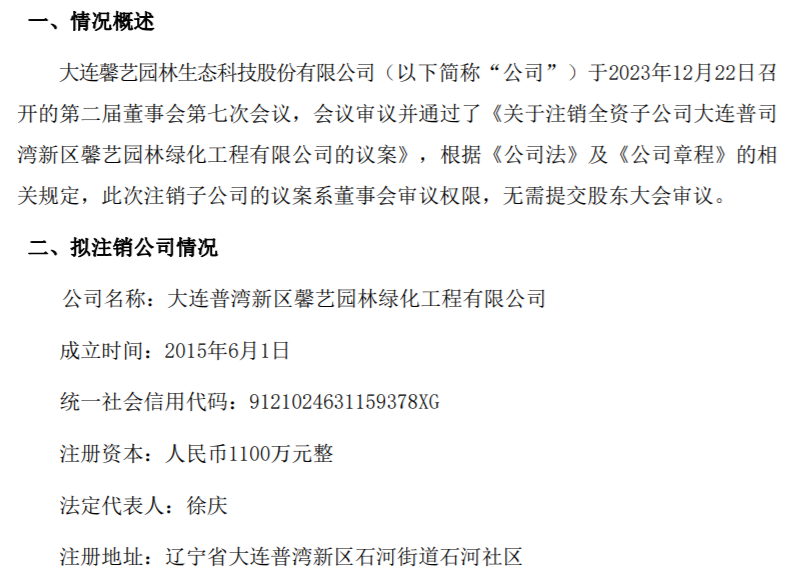 多米体育馨艺园林拟注销全资子公司大连普湾新区馨艺园林绿化工程有限公司(图1)